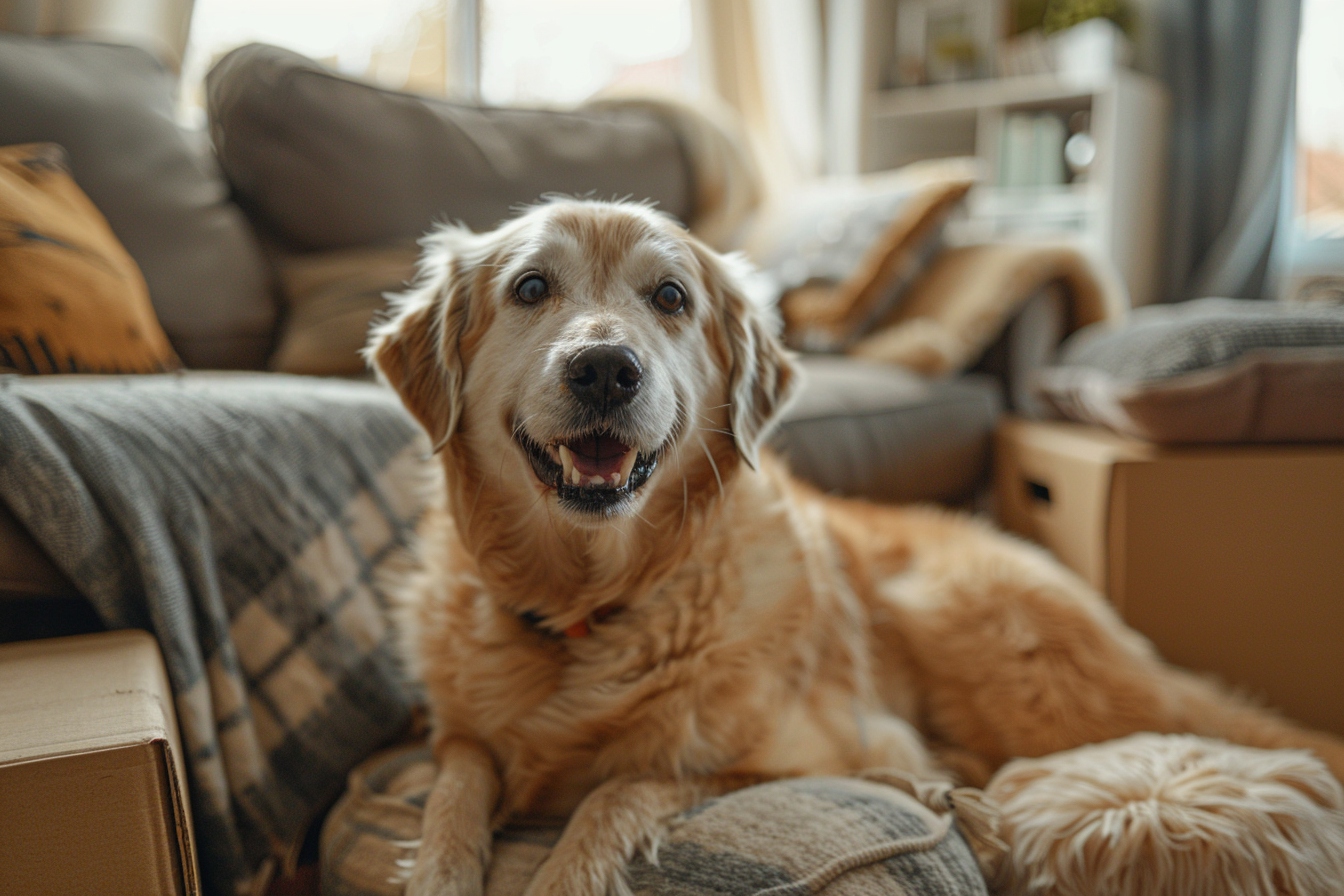 Vieux chien heureux explorant un nouveau foyer à Beauvais, facilitant le déménagement avec des solutions innovantes.