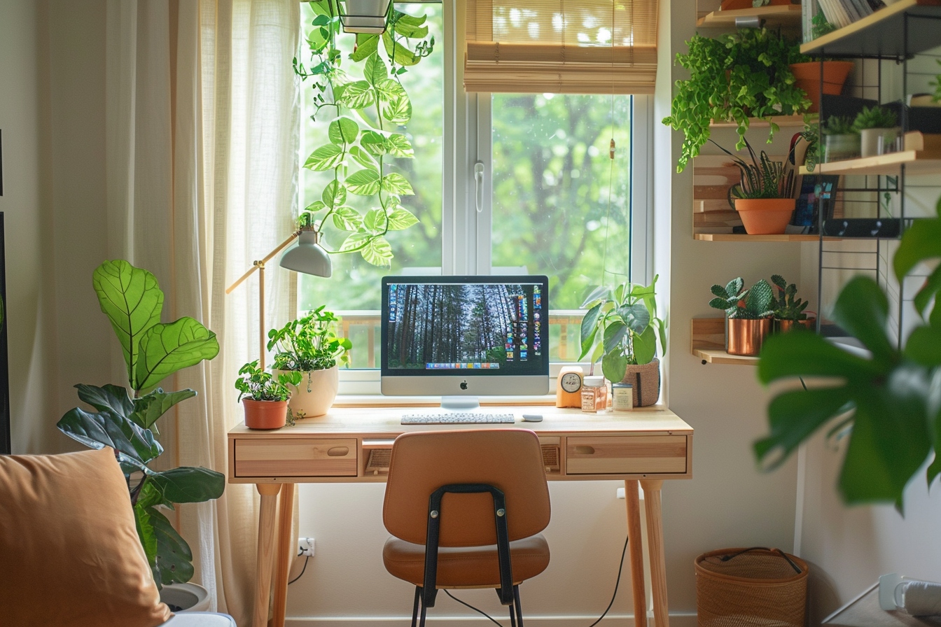 Aménagement ingénieux d'un coin bureau fonctionnel dans un petit appartement, maximisant l'espace disponible